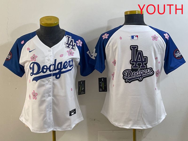 Youth Los Angeles Dodgers Blank White Blue Sakura Edition 2025 Nike MLB Jersey style 21->youth mlb jersey->Youth Jersey